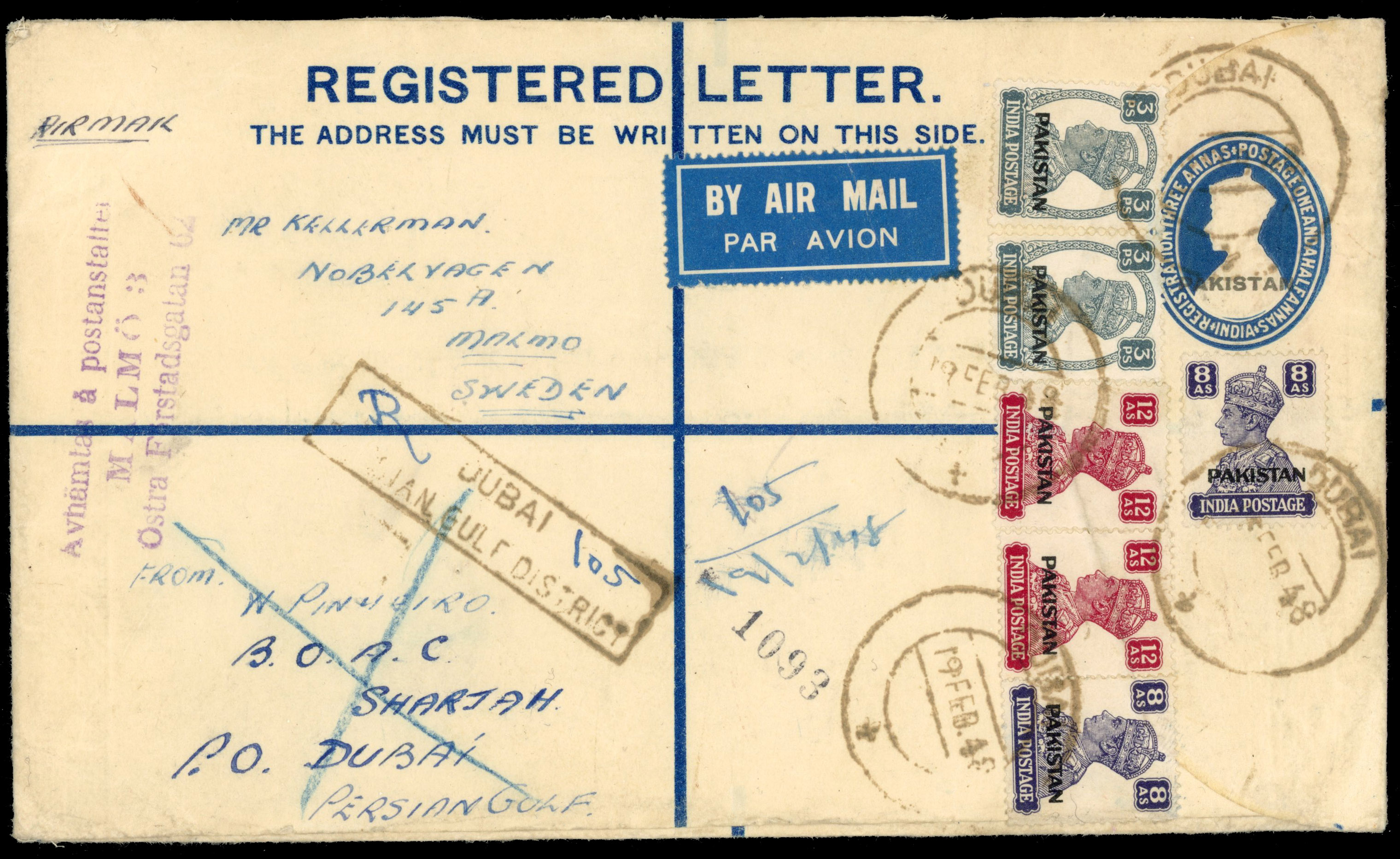 Trucial States 1948 registered cover from Dubai to Sweden