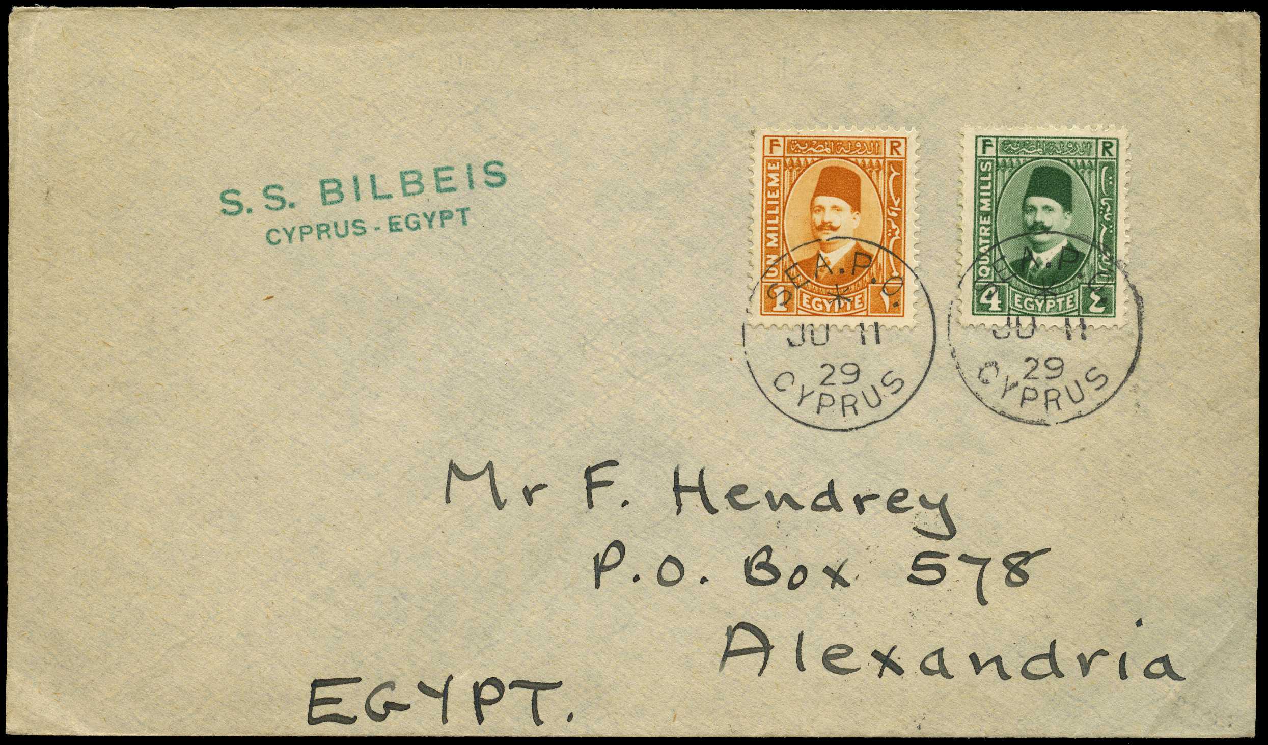 SEA POST: 1929 envelope franked by Egypt 1m...