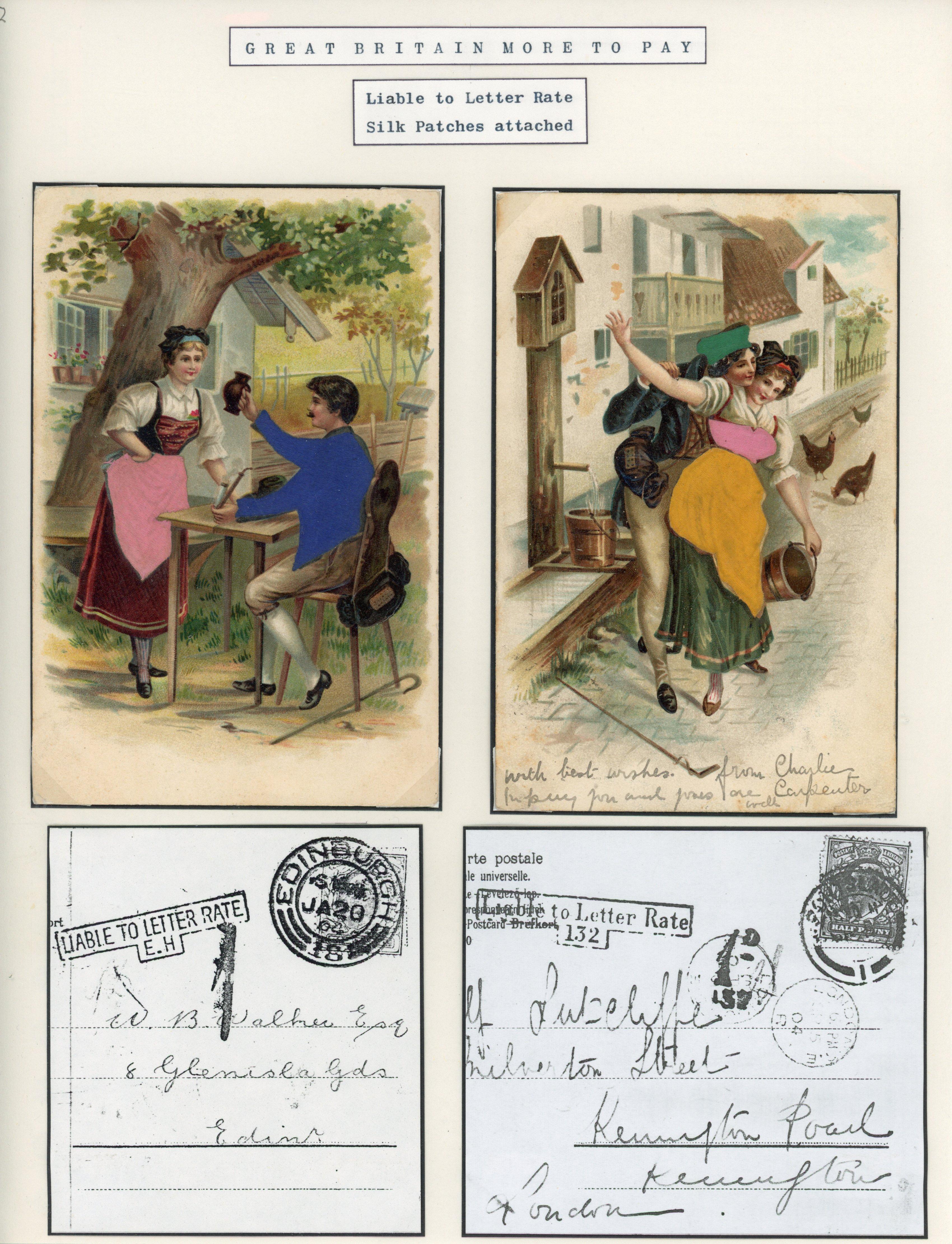 Great Britain 1904 Pair of novelty postcards with silk patches attached