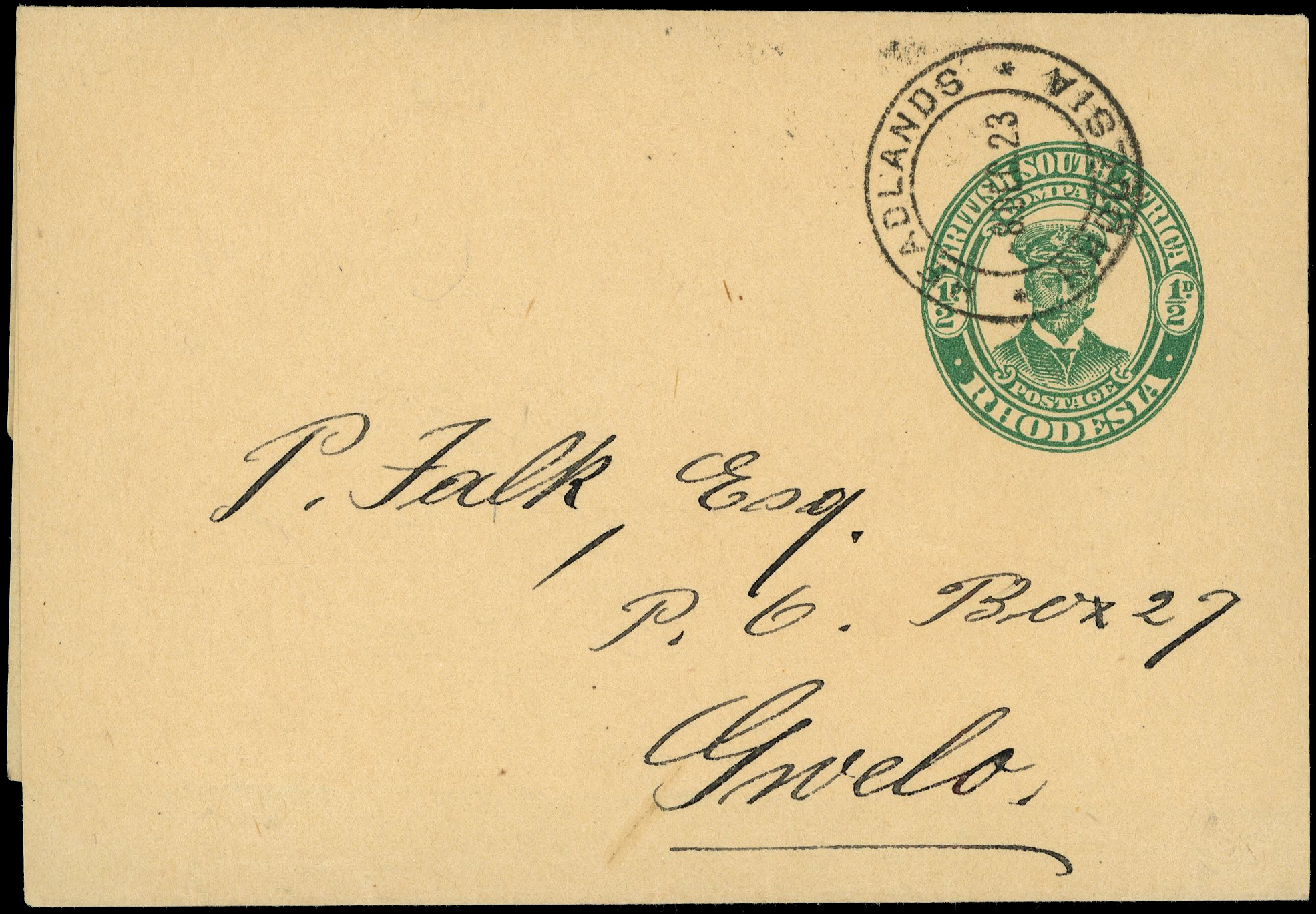 1923 ½d green "Admiral" newspaper wrapper used from Headlands to Gwelo