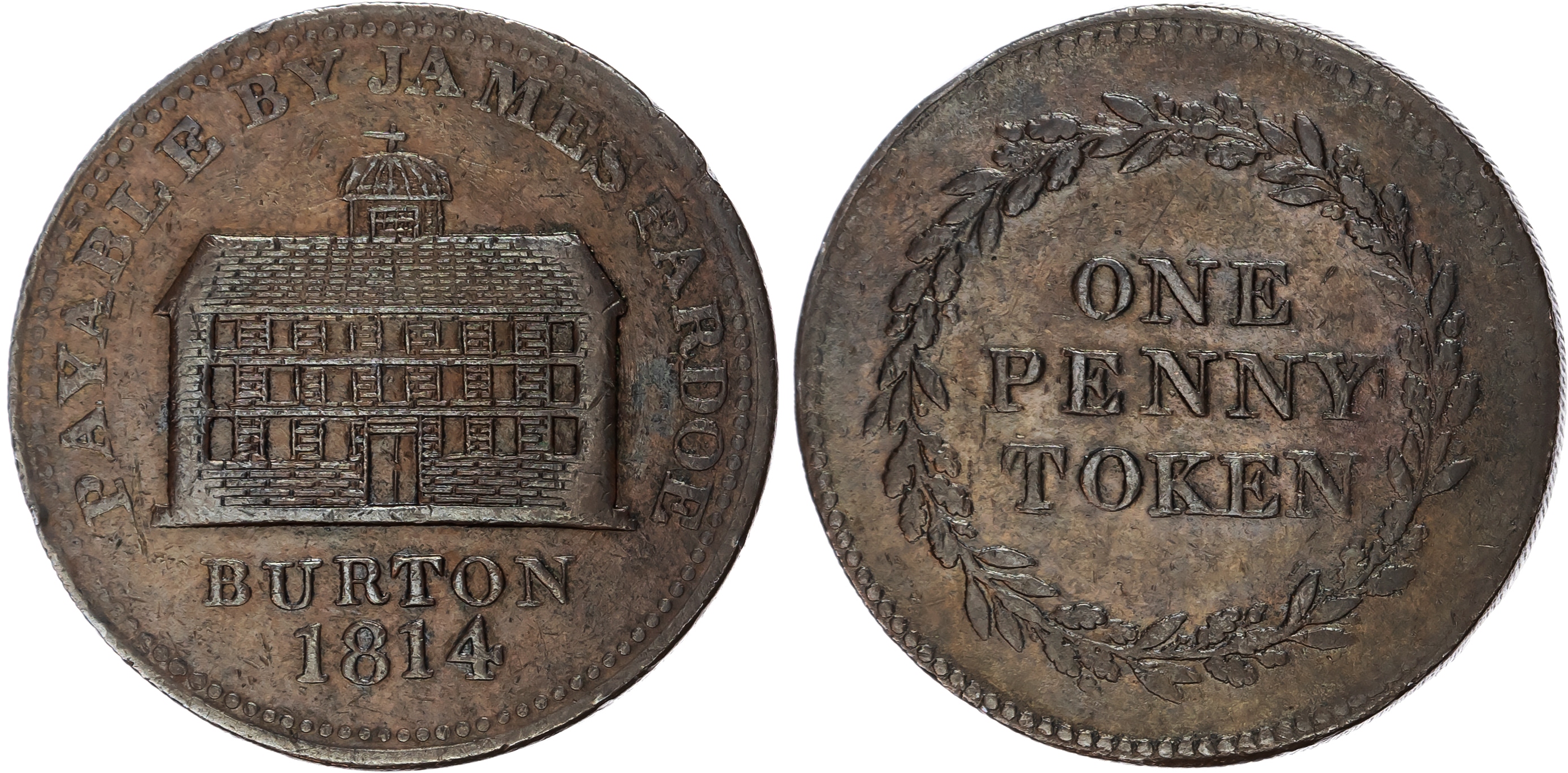 BURTON, Staffs. James Pardoe (cotton & tape manufacturer) Penny 1814, Façade of Bond End Mill, rev. denom. in …