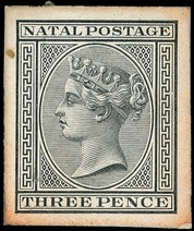 1874 3d cut-down Die Proof in black on glazed card, fine save for light peripheral ageing.  For SG...
