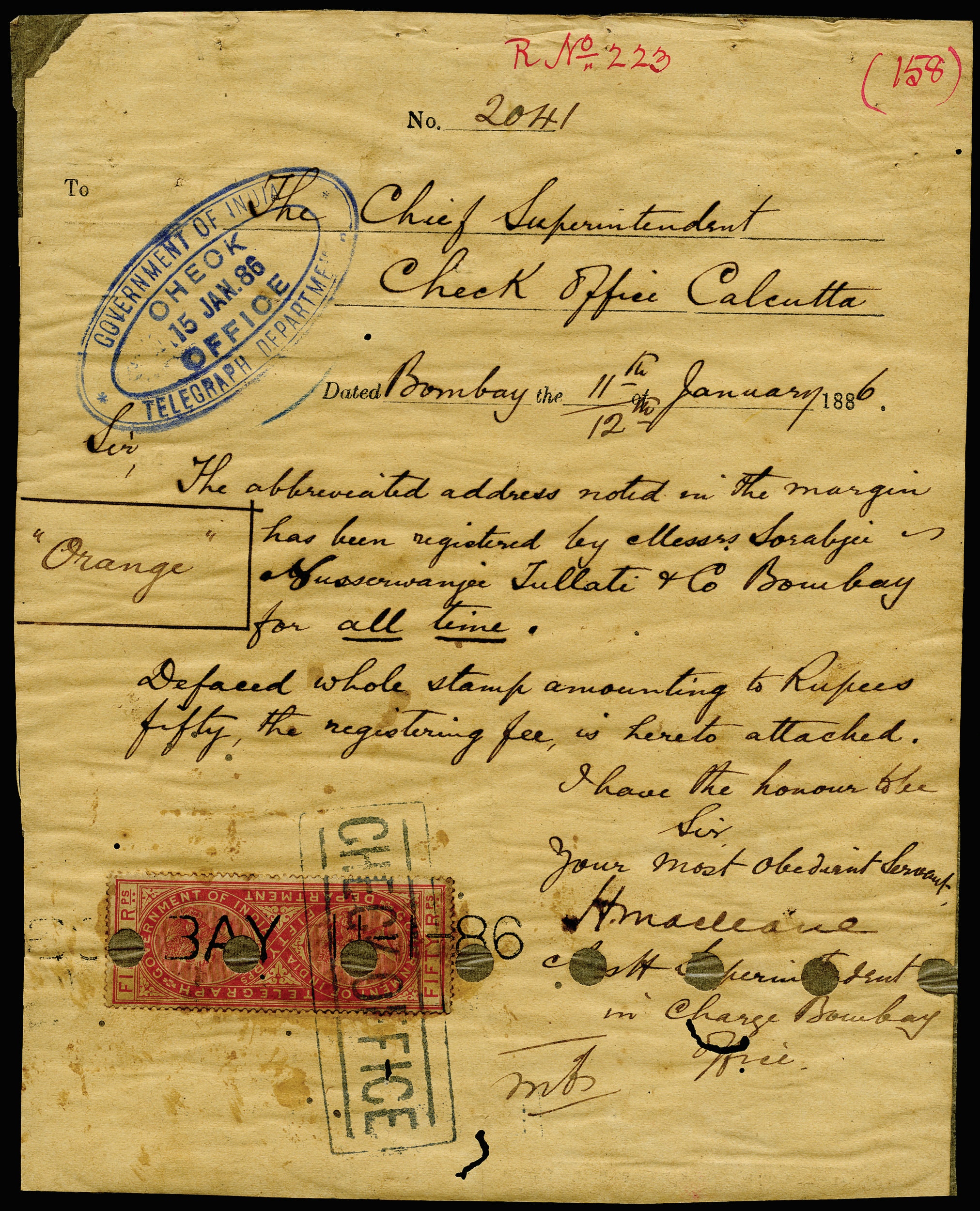 INDIA 1886  SG T41 Telegraph document