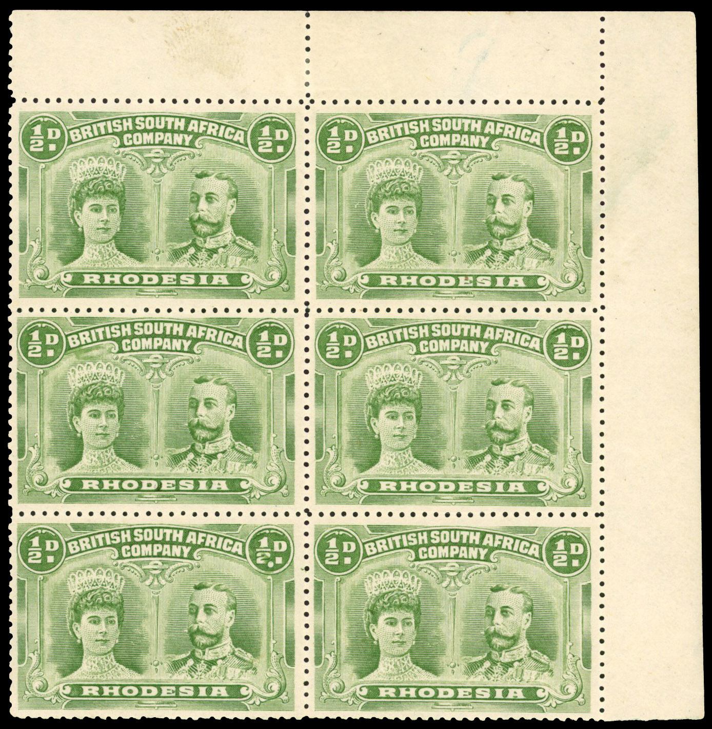½d pale green RJL 4 block of six, position 29 with Double Dot mint
