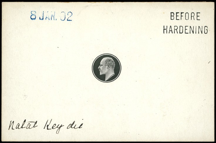 1902 series Master Die Proof of Keyplate in black on glazed card 93 x 60mm, dated 8 JAN. 02 in blue, marked BEFORE...