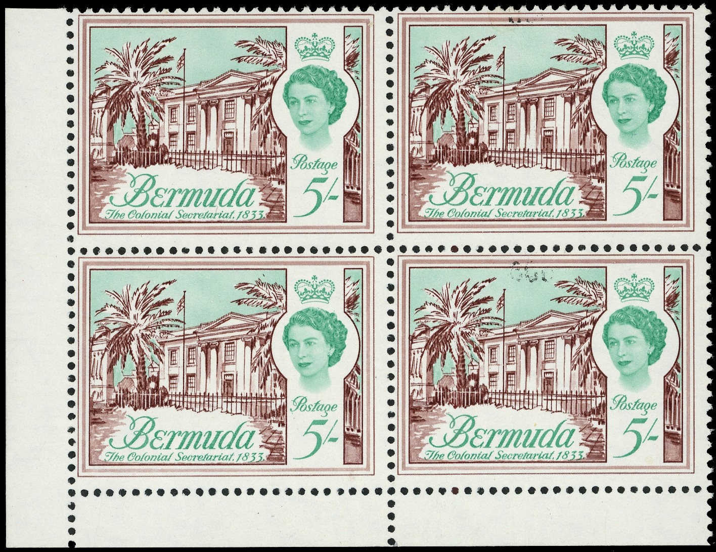 BERMUDA: 1970 60c on 5s brown-purple and blue-green, l/l corner marginal block of 4, surcharge omitted SG...