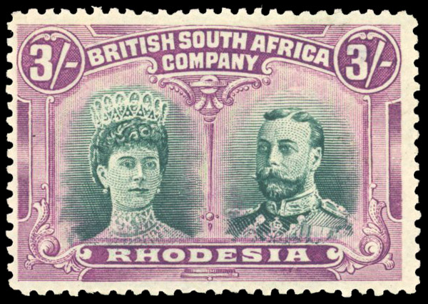 Rhodesia 1910-13 3s bright green and magenta perf 14