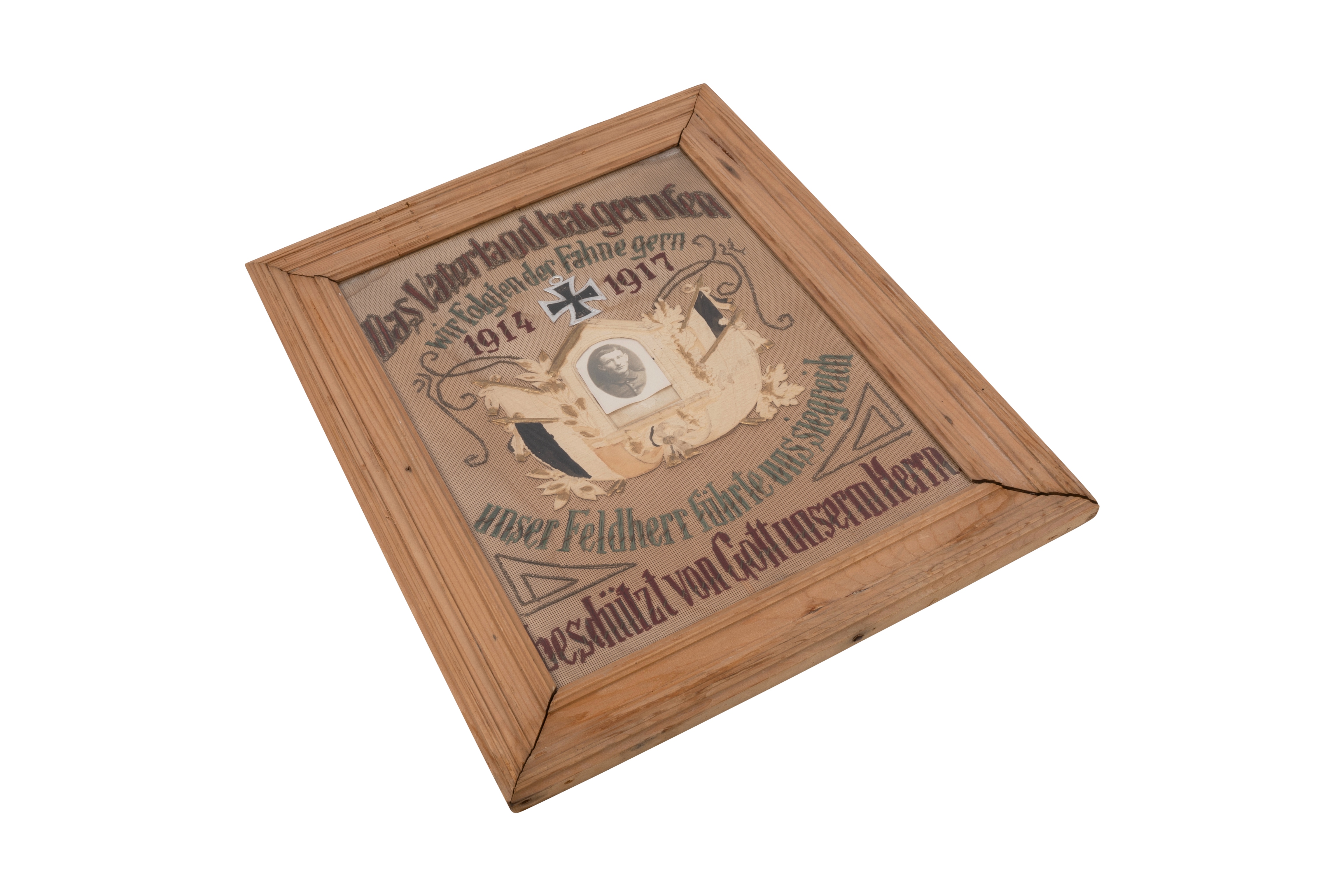 German WWI Embroidery with Photograph, "The Fatherland is Calling"