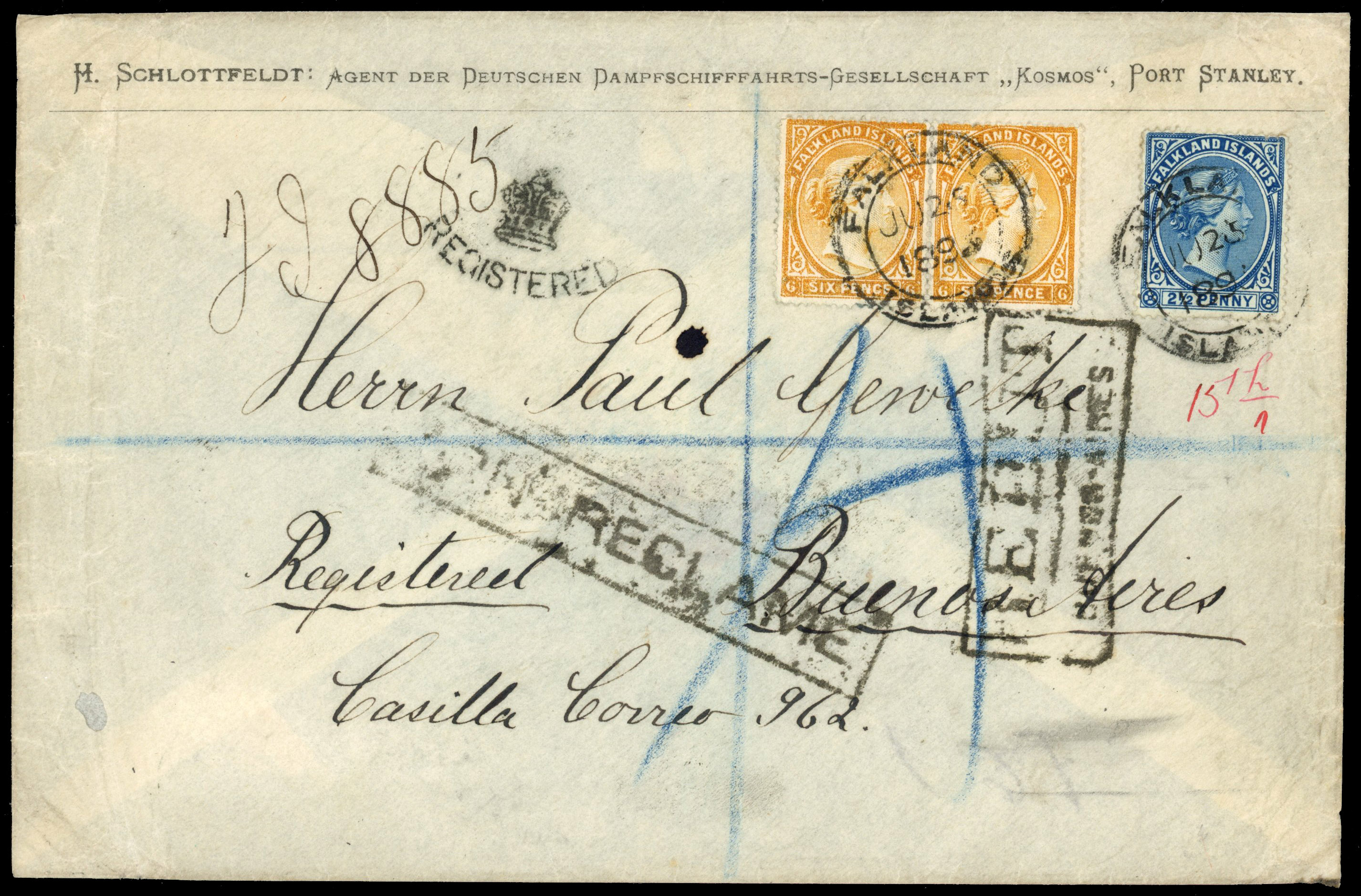 Falkland Islands 1895 Kosmos triple rate cover to Germany. SG 29, 33