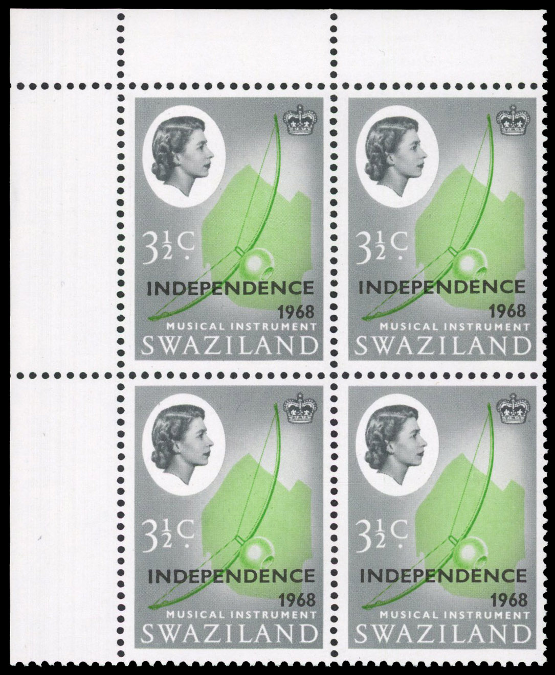 SWAZILAND: 1968 3½c Musical instrument, top marginal block of 4, watermark inverted, fine unmounted o.g. SG 147w