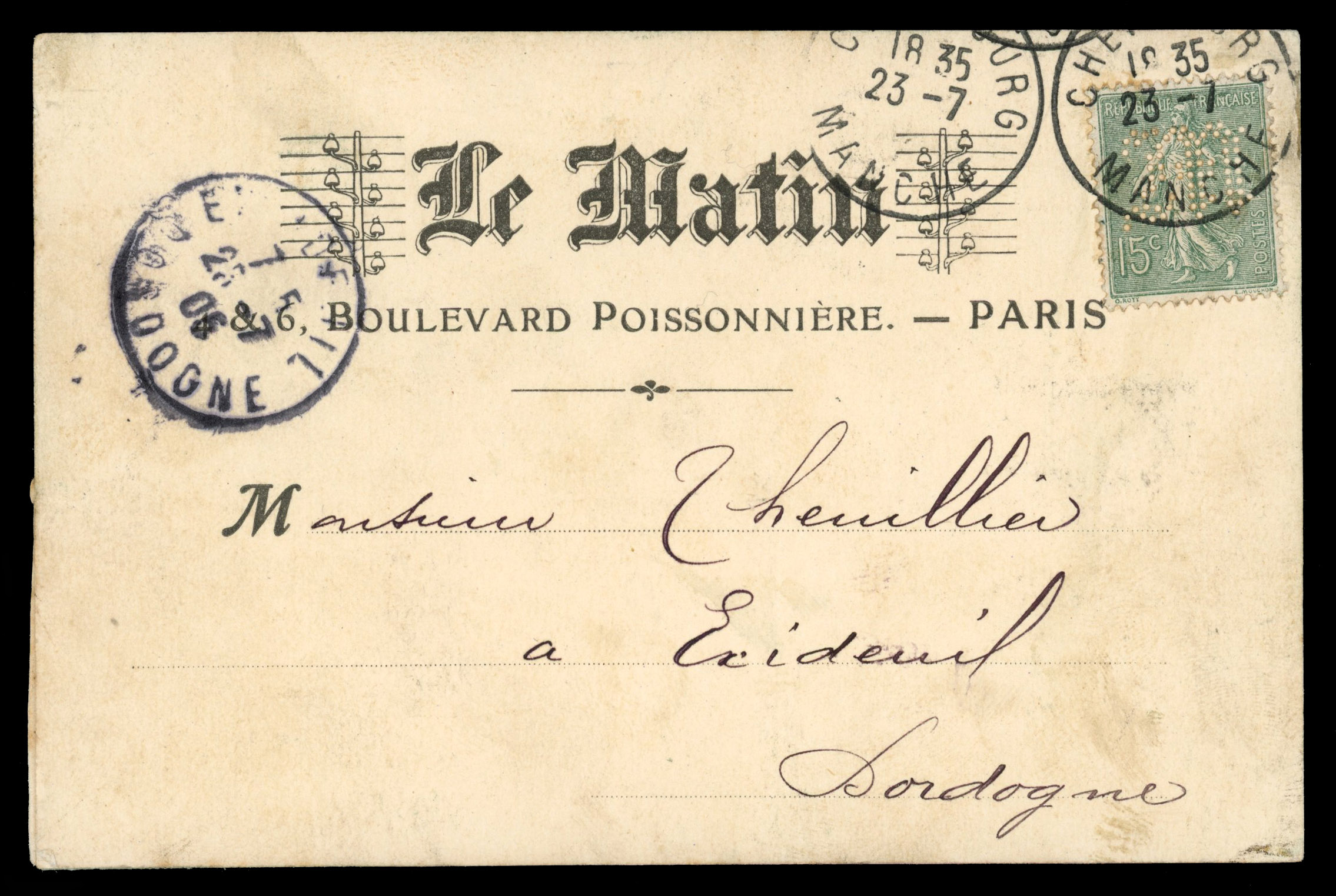 France 1905 Le Matin flown Pigeon Post