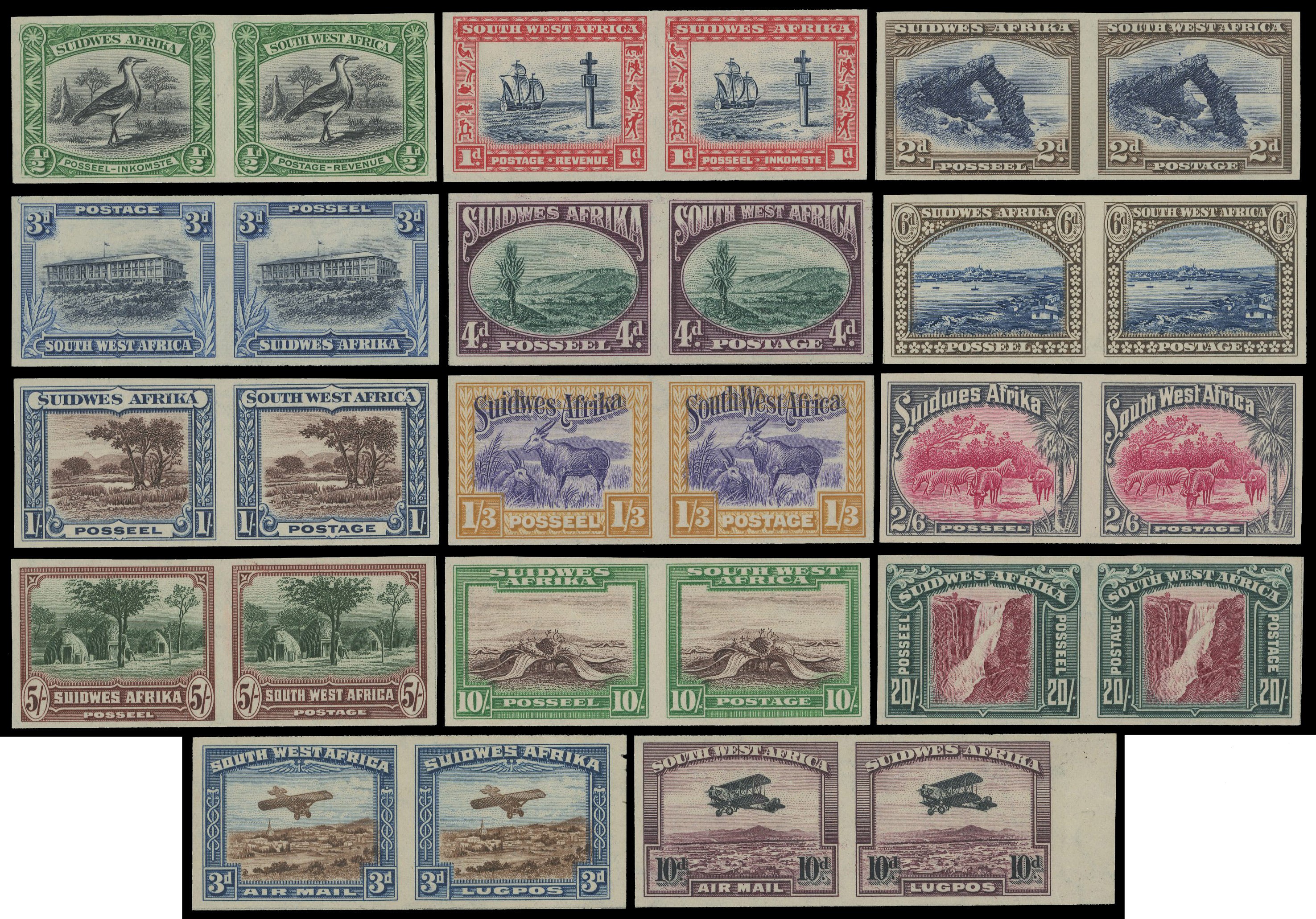 South West Africa 1931 pictorial set of imperf plate proof pairs