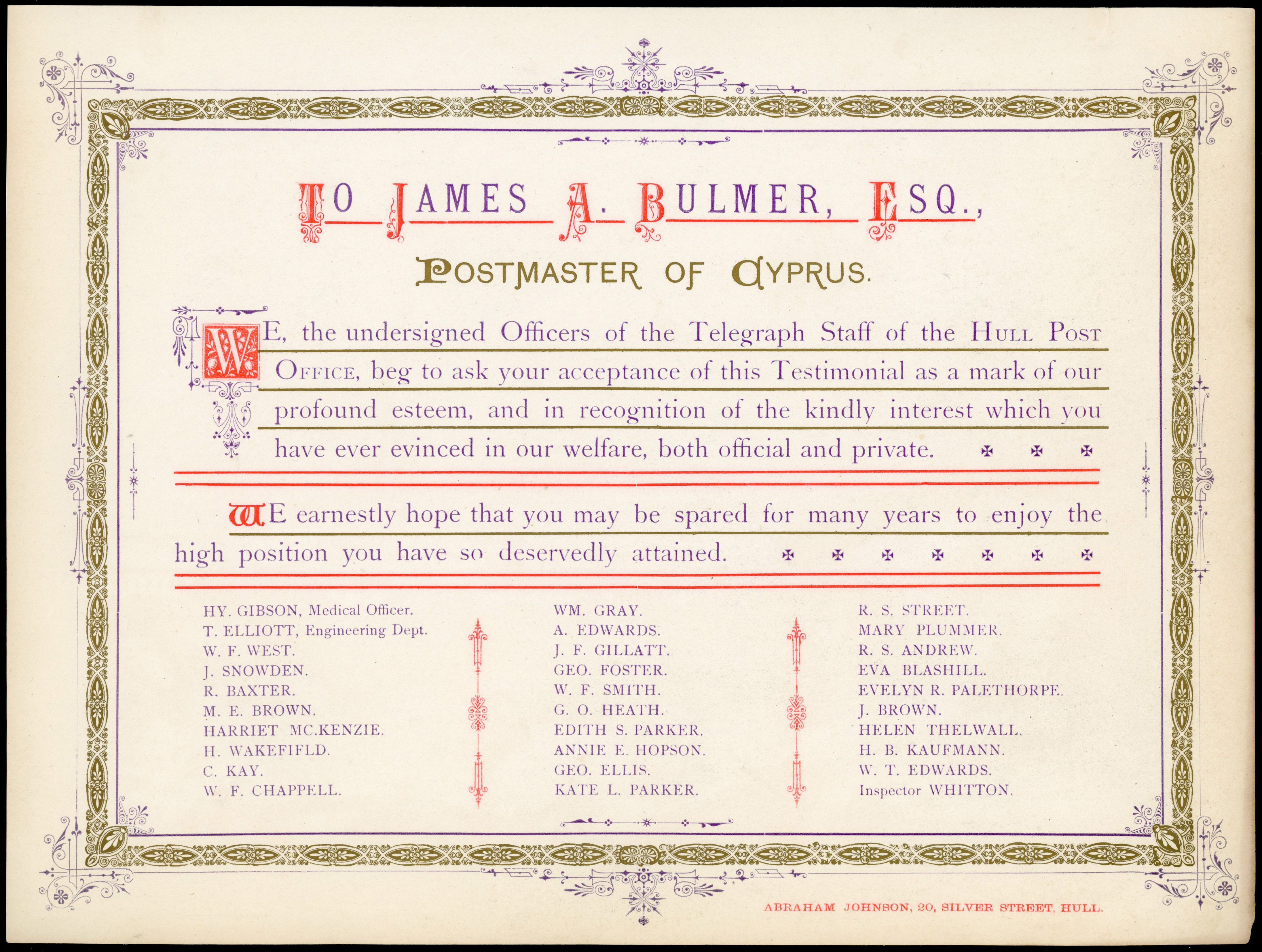 Cyprus Telegraph; 1930 (circa) printed Testimonial to the Postmaster of Cyprus