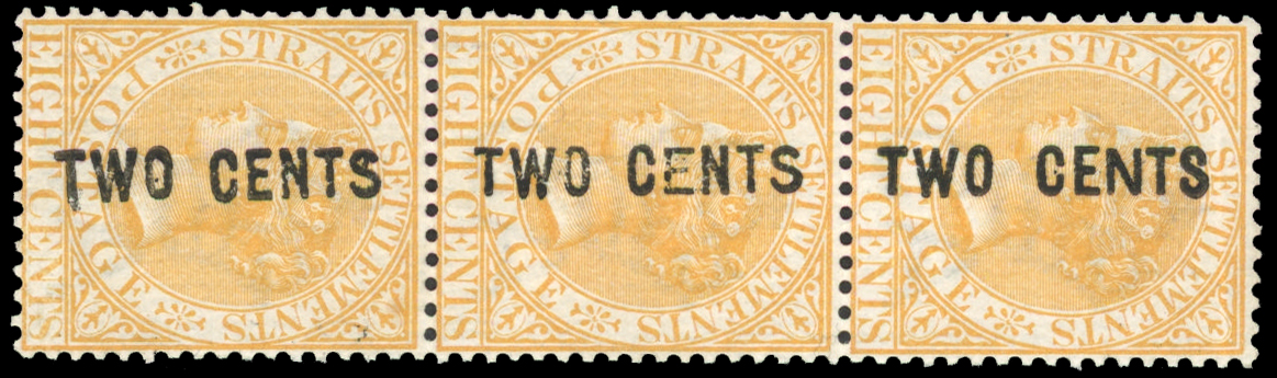 Straits Settlements SG 54/56 1883 2c on 8c orange strip of 3