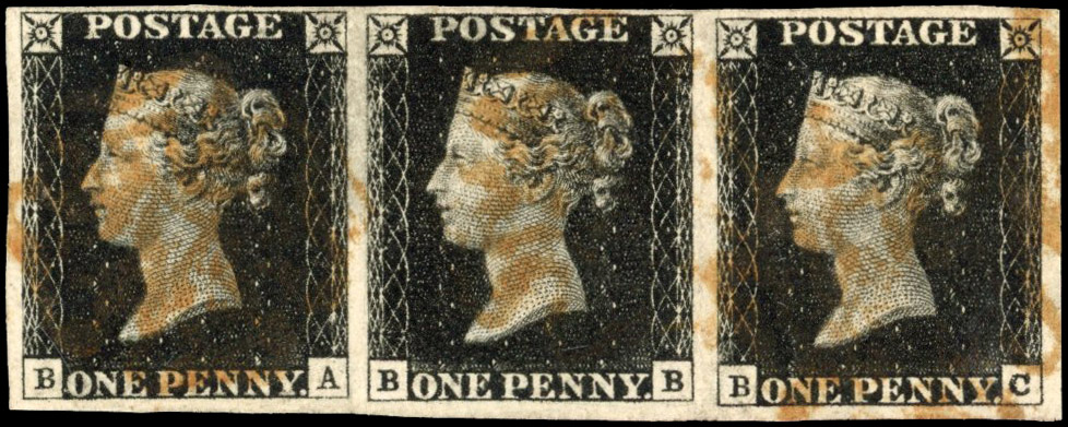 GB 1840 1d black Plate 1b used strip of three