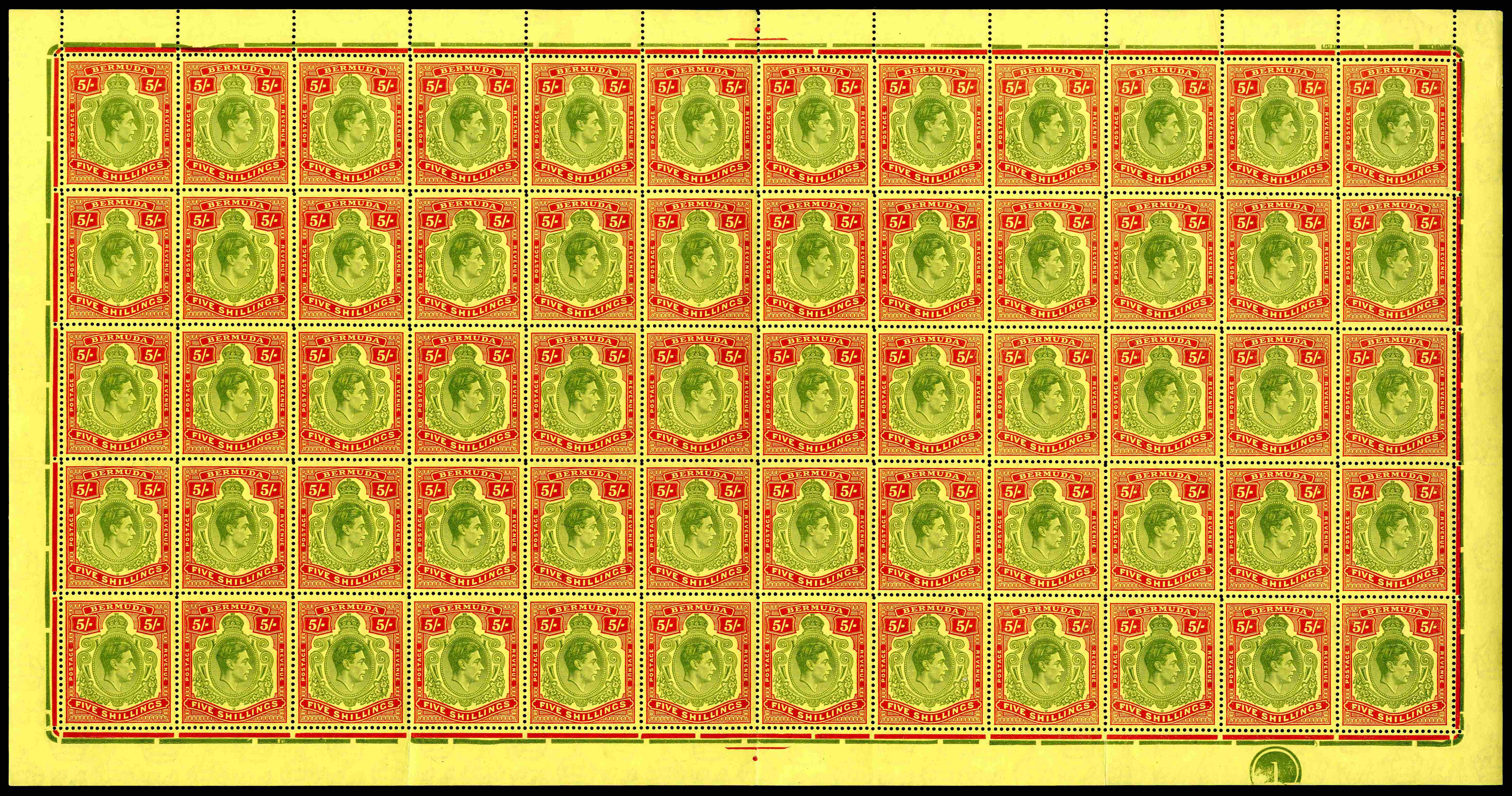 BERMUDA: 1938 5s yellow-green and red on on pale yellow, perf 13 ordinary paper, in complete sheet of 60, superb unmounted  