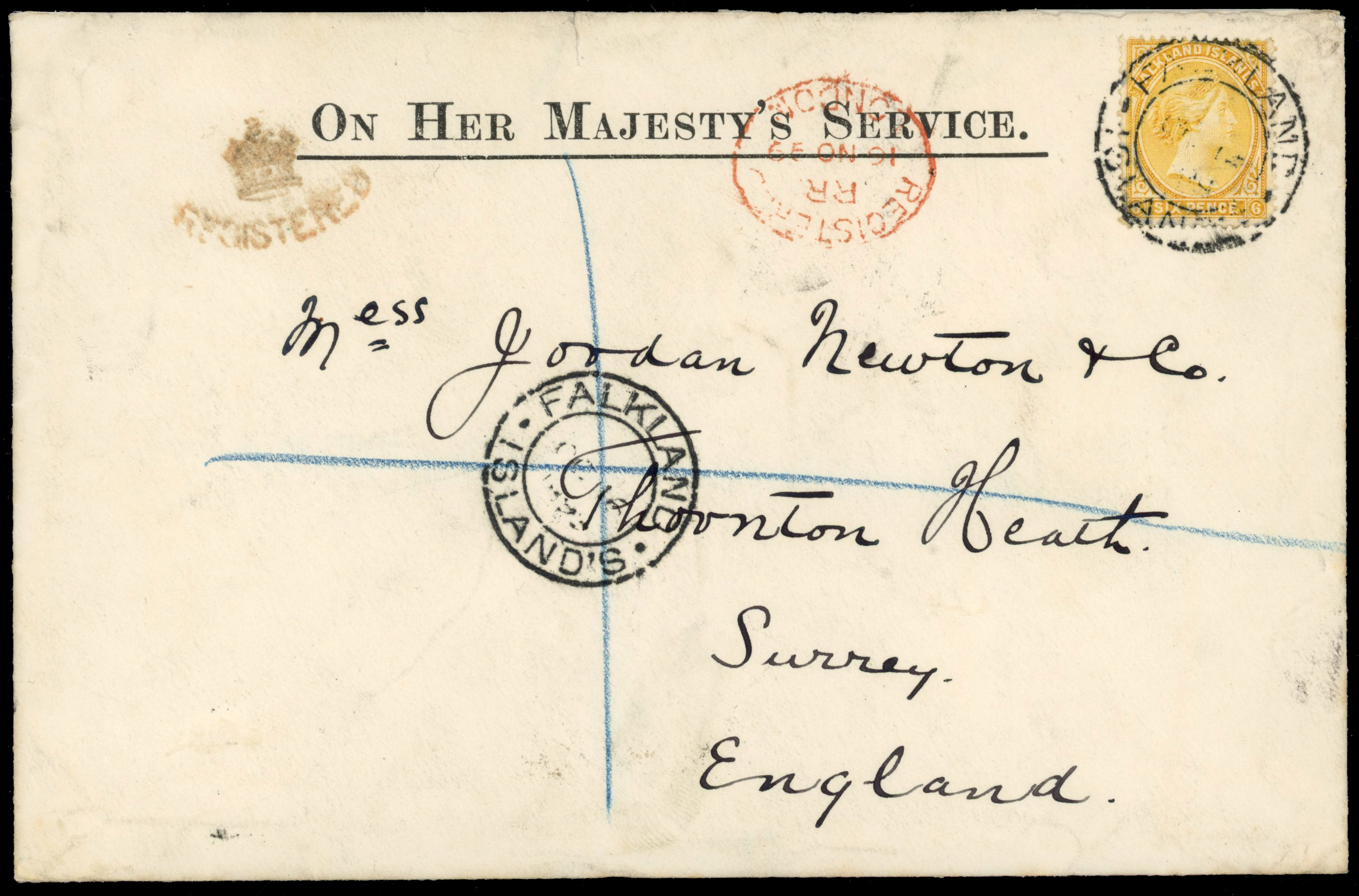 † Falkland Islands SG 34 OHMS registered cover to UK