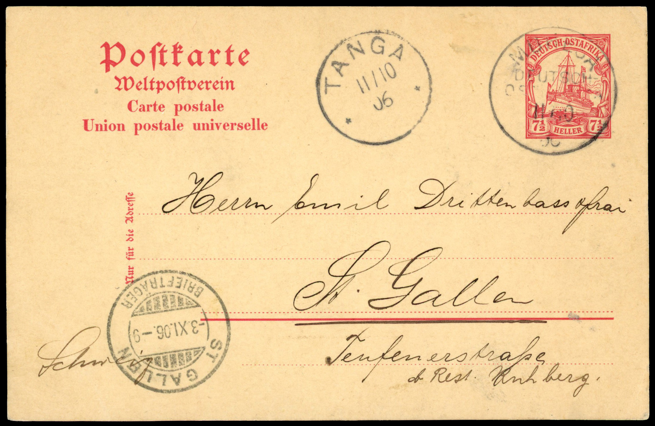 1906 7½h stationery postcard to Switzerland cancelled ‘MUHLOA/DEUTSCH/OST AFRIKA/11/10 06’ cds. Moved to R20001688/7