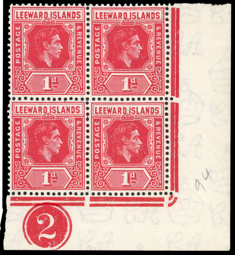 Leeward Islands SG 99ca 1942 1d carmine serrated edge block mint
