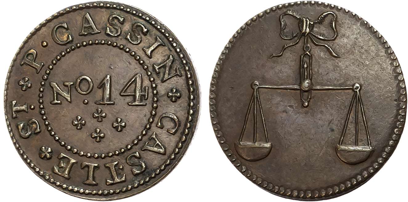 Co. Dub. Dublin , P. Cassin (grocer) Farthing 1790s, Adress. rev. pair of scales, edge plain, 18.75gm/2.59gm. (DH –; To …