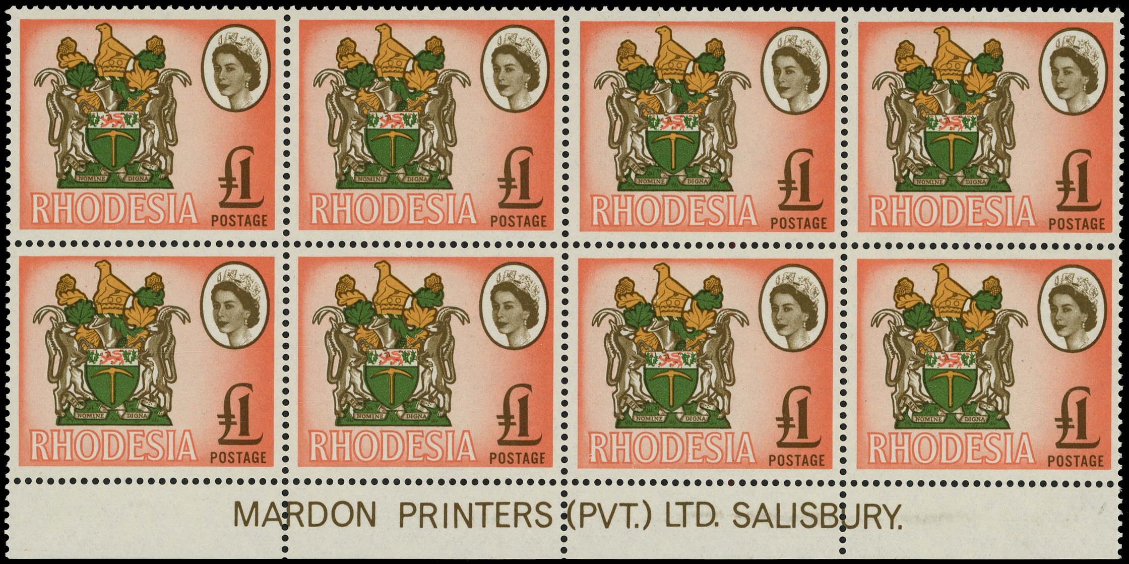 Rhodesia 1966 Mardon trial printing £1 imprint block of eight SG...