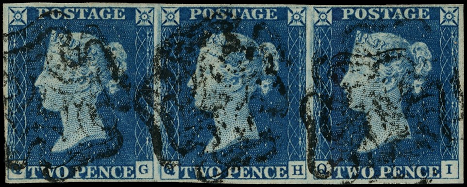 Great Britain 1840 2d blue Plate 1(QG-QI) used strip of three SG...