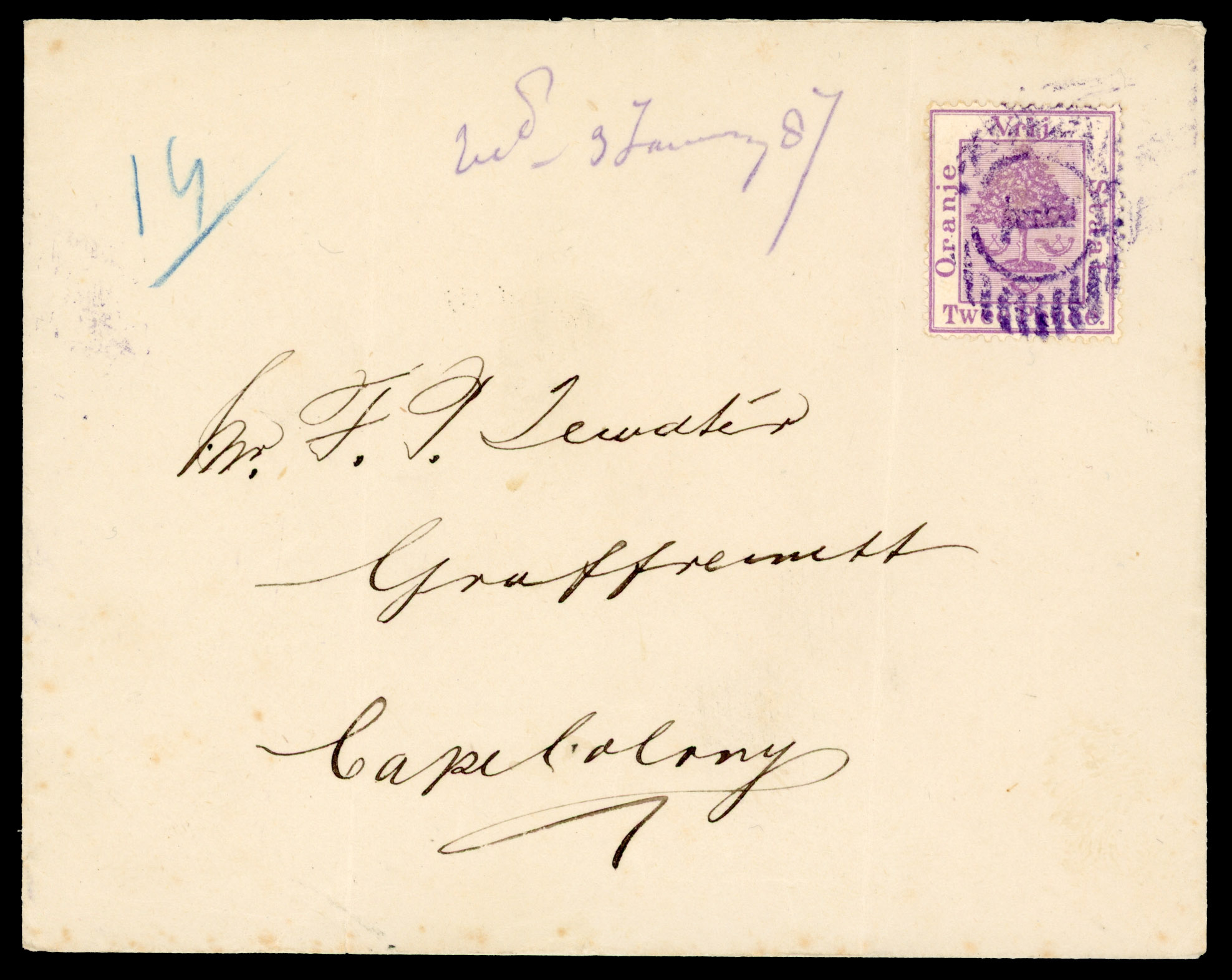 POSTAL HISTORY: 1886 cover addressed to Graaff-Reinet, Cape Colony. Added to R20001688/32    