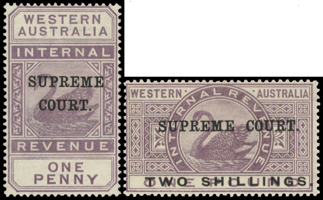 WESTERN AUSTRALIA Supreme Court: 1903 Wmk Crown WA 1d lilac & 'TWO SHILLINGS.' on £1 lilac, Elsmore 13, 18.