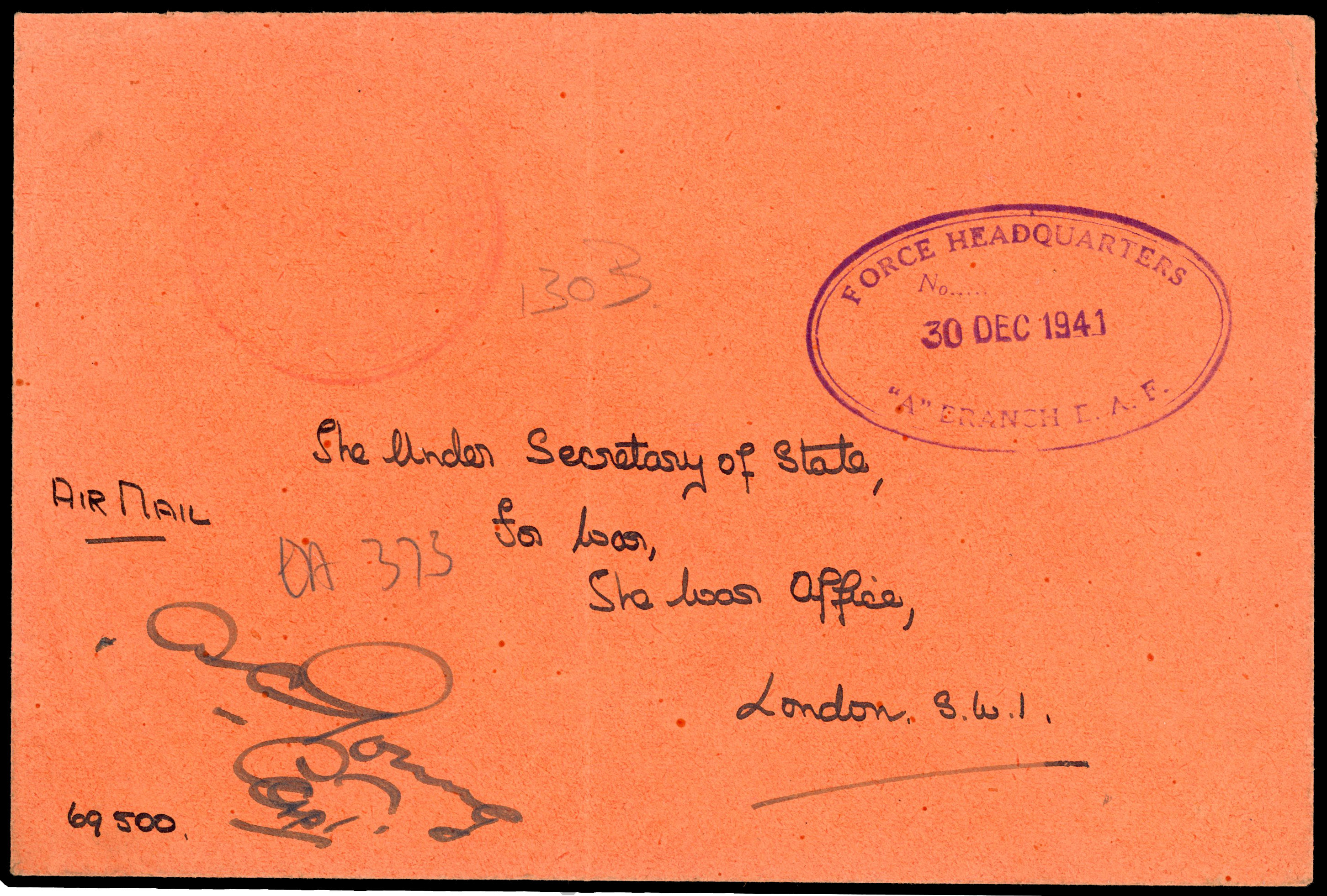 1941 stampless cover to London, addressed to “The Under Secretary of State for War”, with large oval, violet ‘FORCE