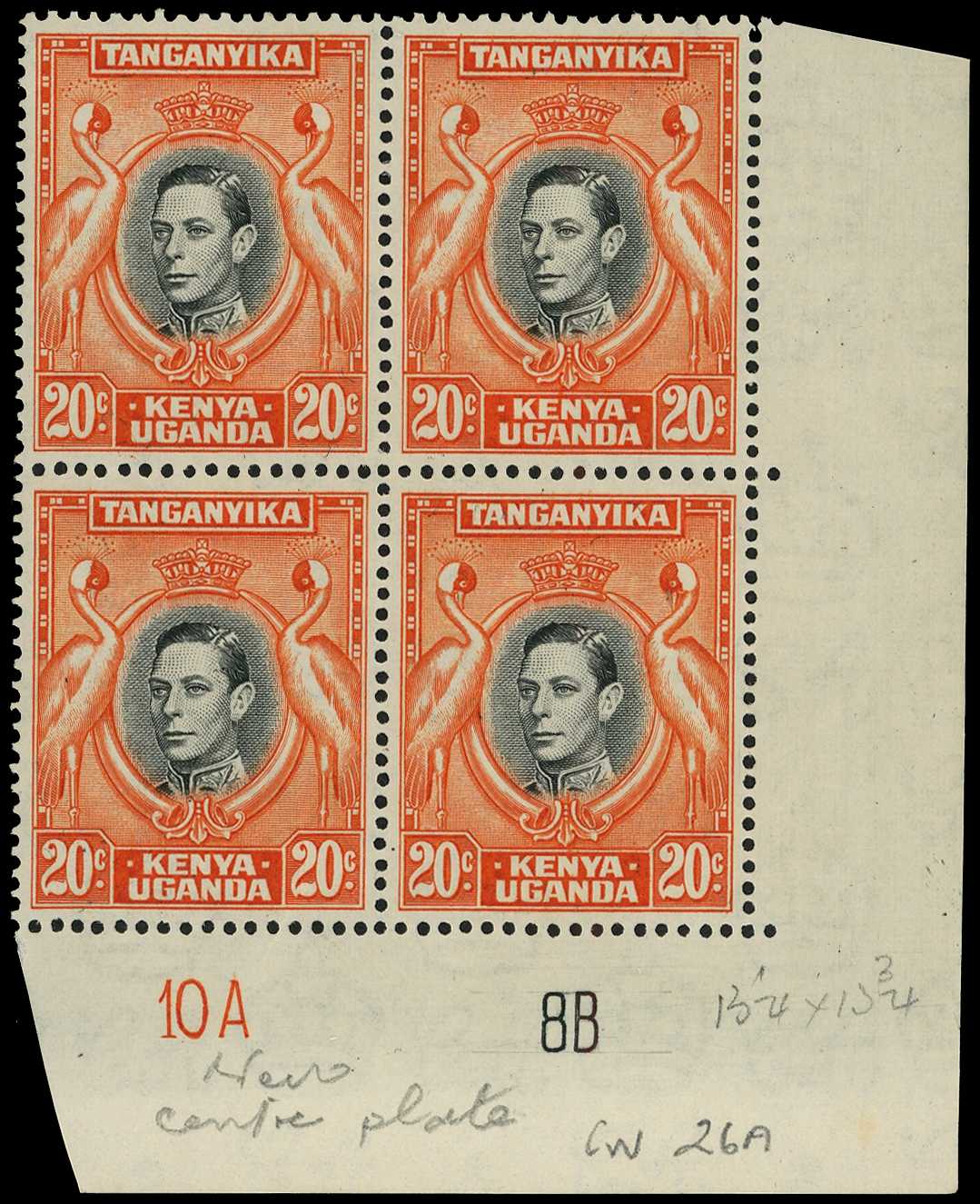 1951 20ct black and deep orange Plate 10A-8B block of four, hinged on top pair only, patch of missing gum on selvedge. ...