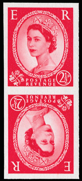 GB 1963 2½d Carmine-red (Wmk. Crowns, Chalky paper Type II). Very fine unmounted o.g vertical tête-bêche… SG574k var