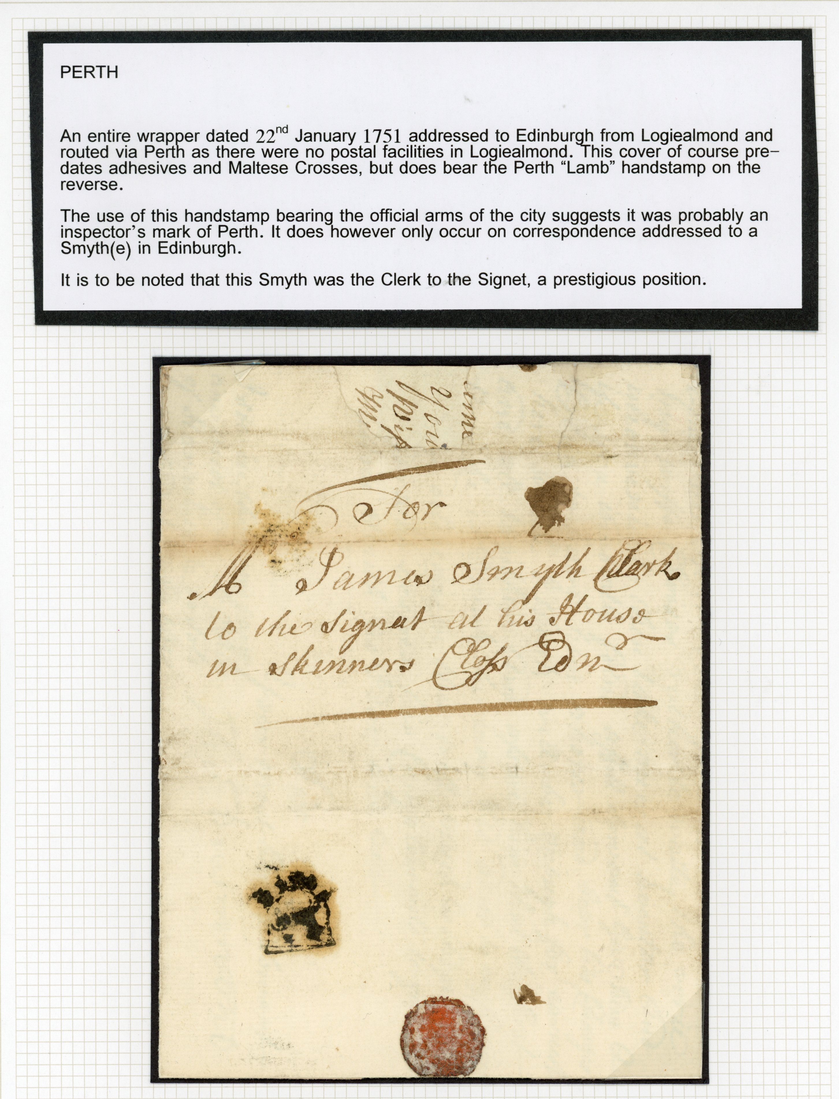 GB: 1751 (22 JA) cover to Edinburgh backstamped with Perth "Lamb" handstamp in black