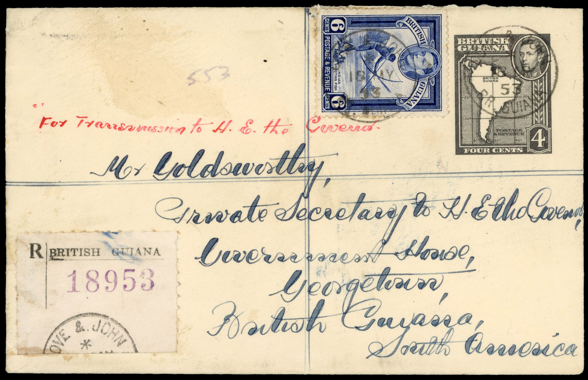 British Guiana 1953 4c Postal Stationery used