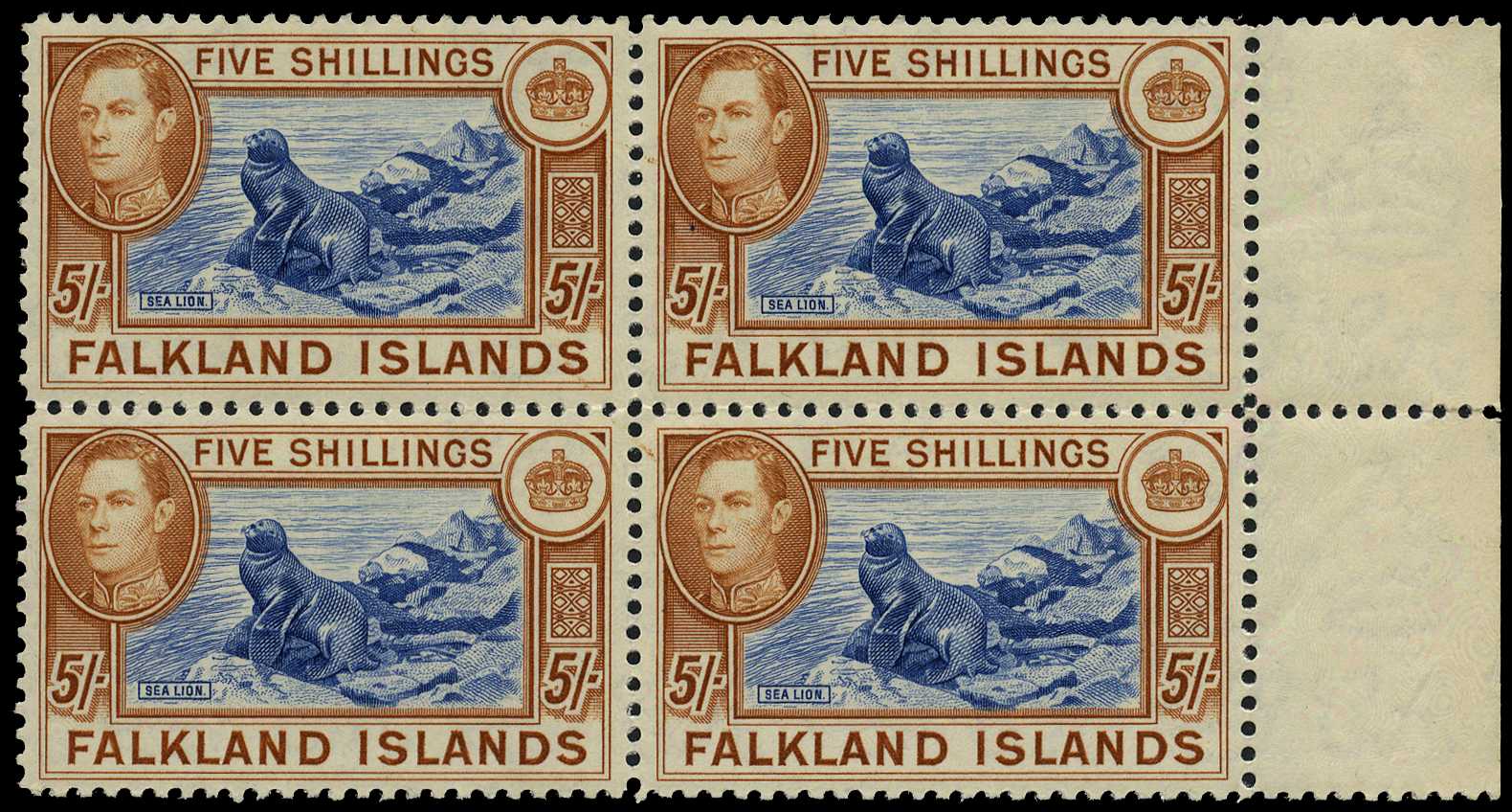 1937 5/- blue and chestnut right-marginal...