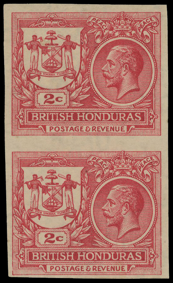 British Honduras 1921 Peace 2c rose-red imperf pair
