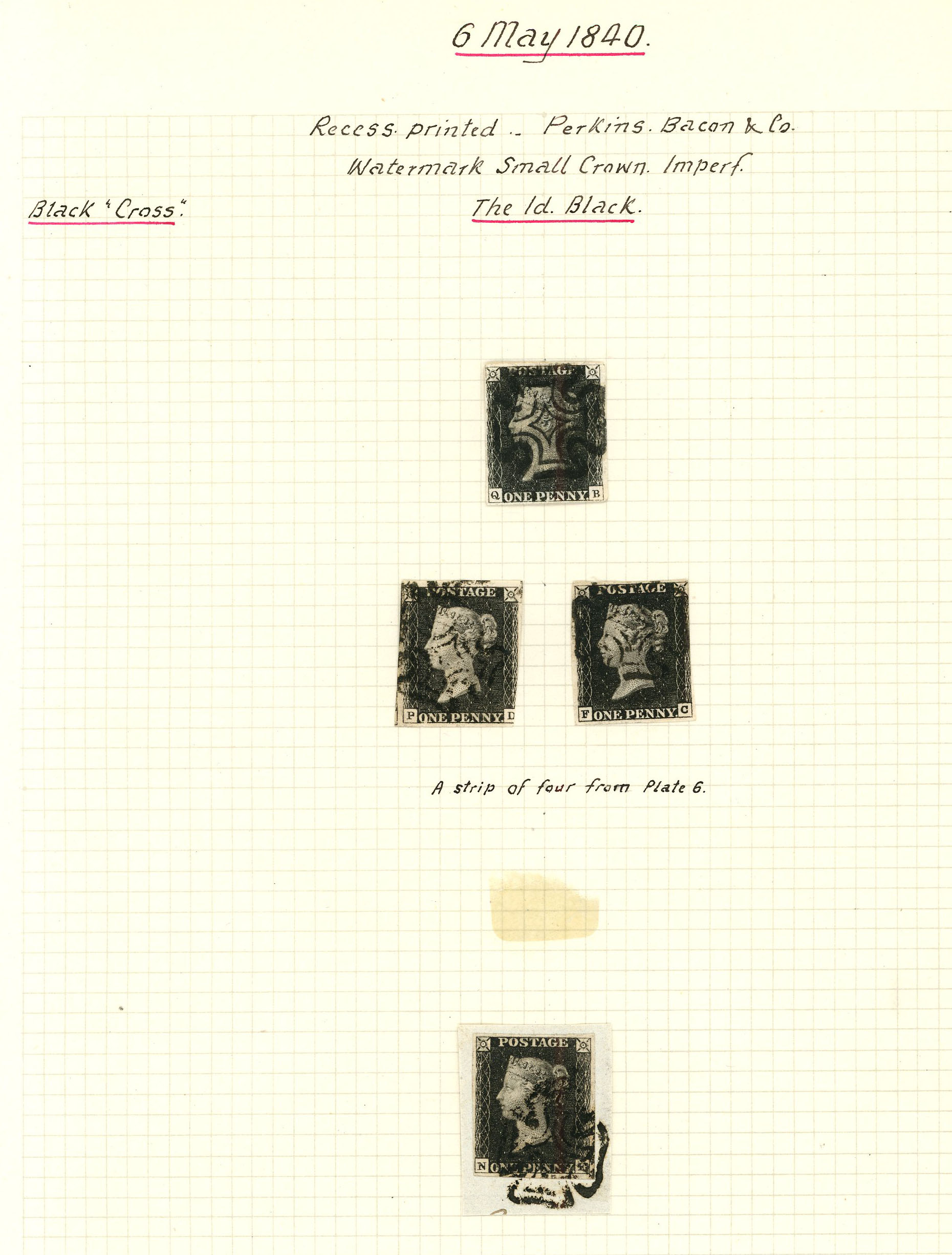 1840 plated and unplated range of 1d blacks including, eight used singles (upto four margins) all cancelled by black...