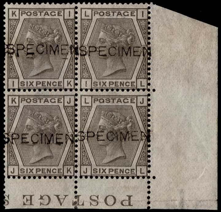 1873 6d grey Pl.14. Very fine and fresh unused o.g. corner marginal block of four lettered IK-JL, overprinted "SPECIMEN"...