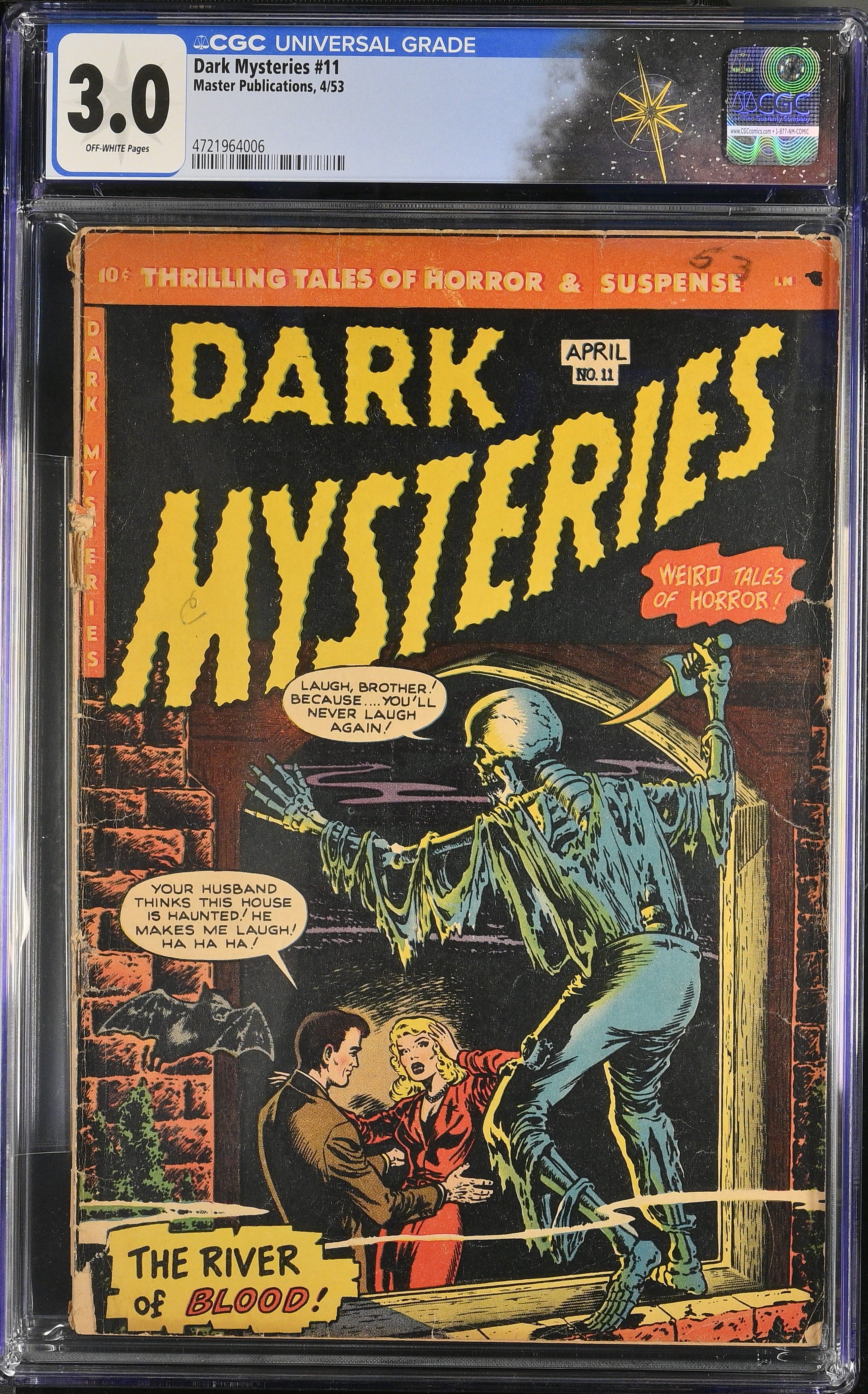 Dark Mysteries #11 CGC 3.0 Skeleton & Red Dress Cover (Master Publications, 1953) Off-White Pages
