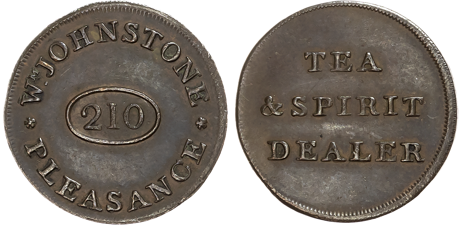 Loth. Edinburgh , Wm Johnston Farthing (grocer / wine merchant) (1790s), 210 in an oval, rev . 3-line legend, edge plain …