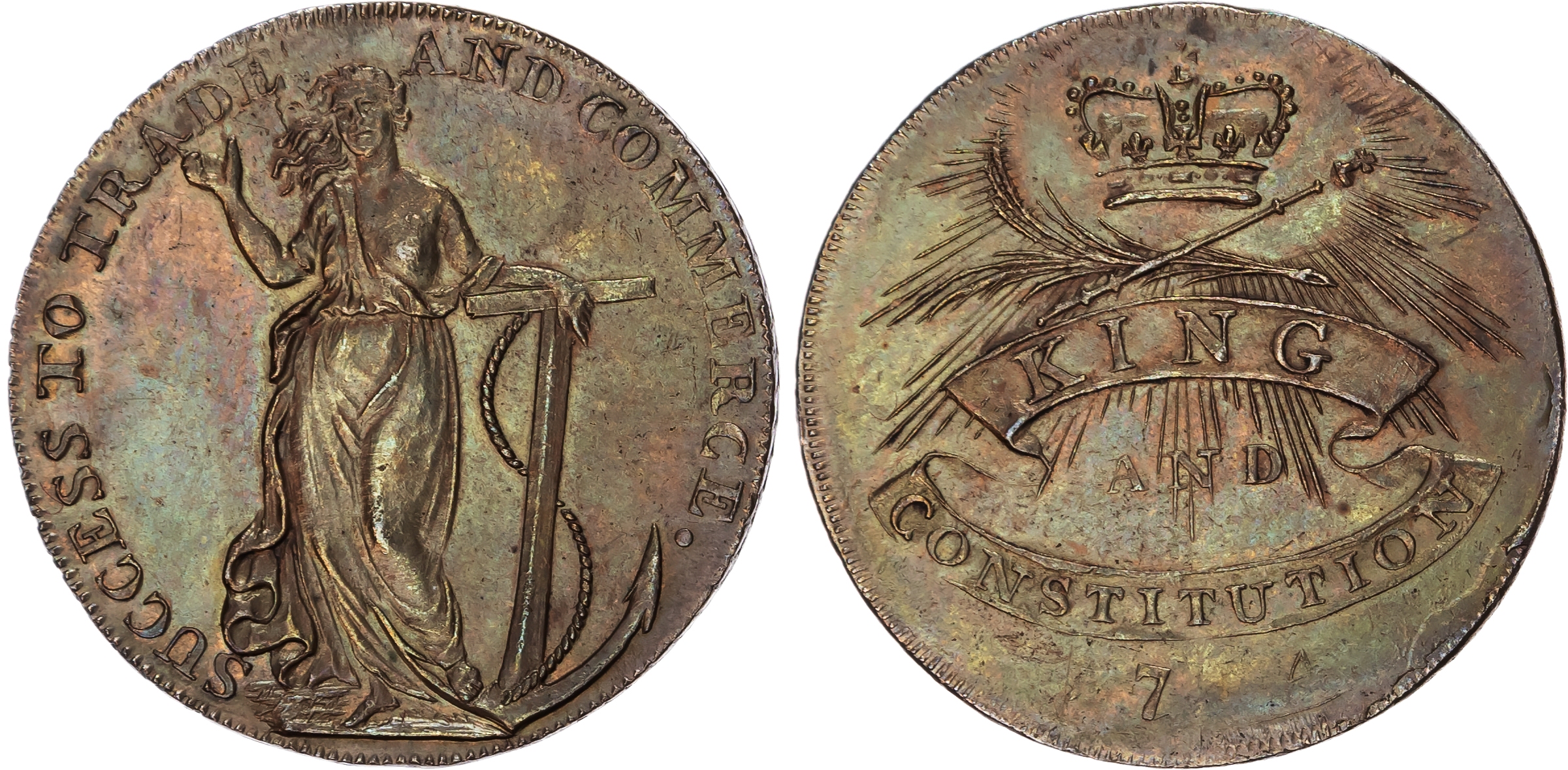 Essex, Chelmsford Clachar & Co. Halfpenny 1794, Crown over king and constitution, rev . Hope standing with anc…