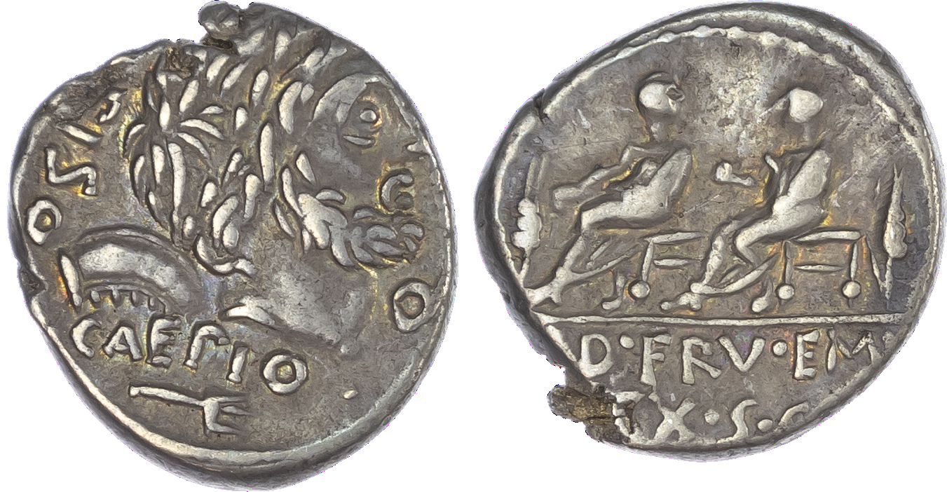 L. Calpurnius Piso Caesonius and Q. Servilius Caepio (100 BC) AR Denarius, Rome, 3.94g. PISO – CAEPIO P, laureate head of