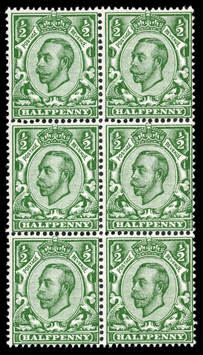 GB: 1911-12 Wmk Crown ½d bluish-green, Die 2, mint unmounted og vertical block of six. Spec N4(5)