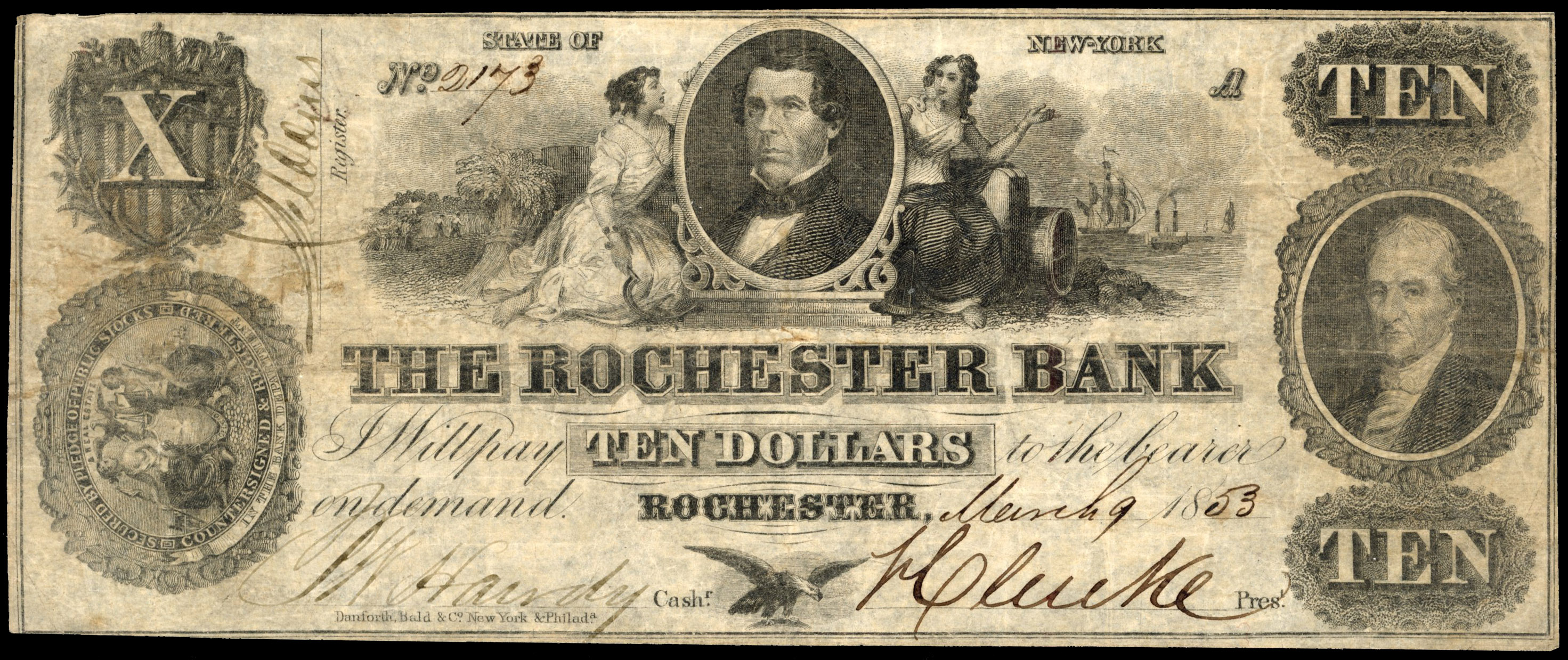 USA, NY. Rochester, The Rochester Bank, Uniface Ten Dollars, 9 Mar. 1853. Good Fine, complete.…