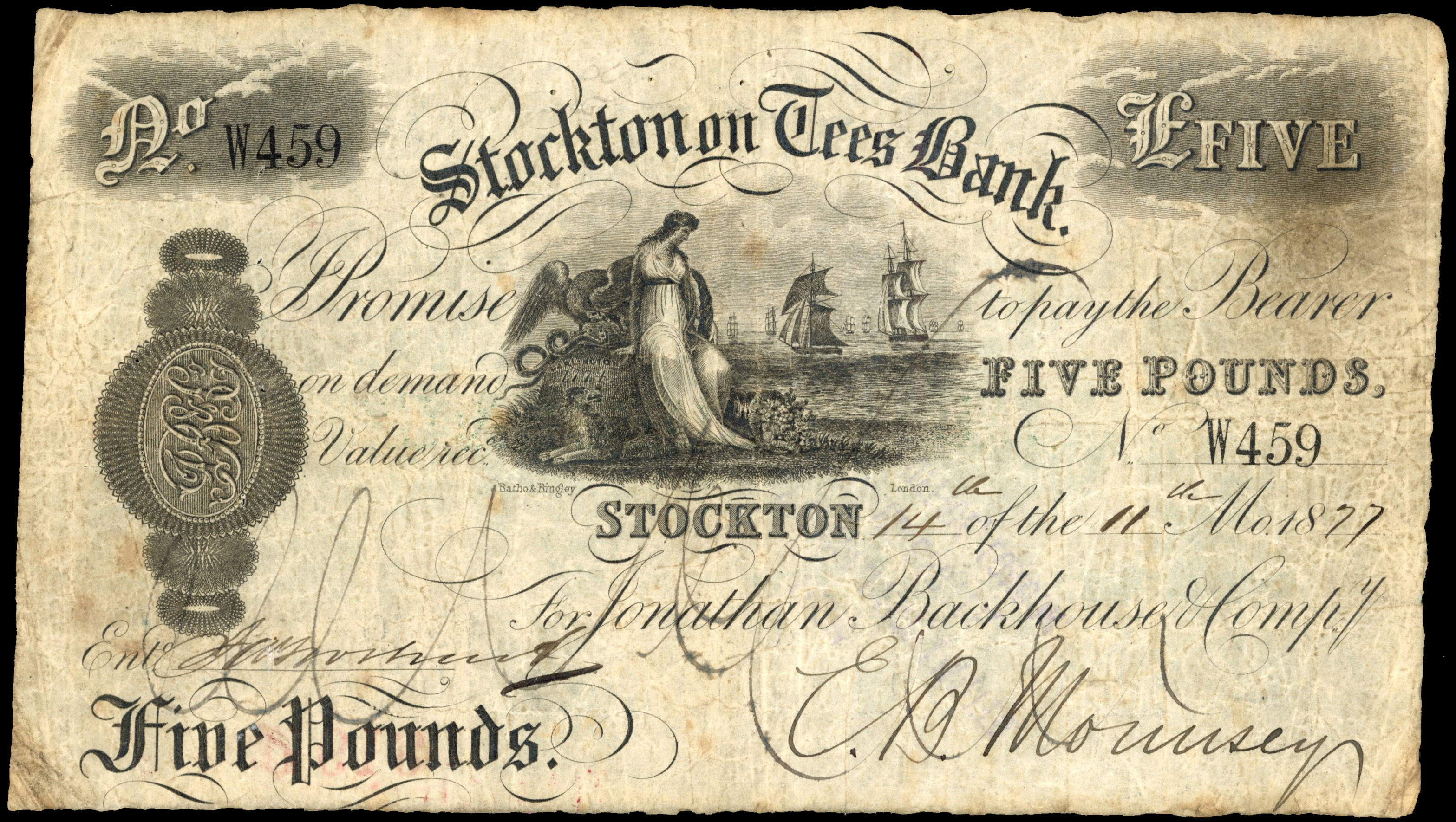STOCKTON ON TEES, Stockton on Tess Bank, for Jonathan Backhouse & Co., £5.,14th. of the 11th. Month 1877, sign…