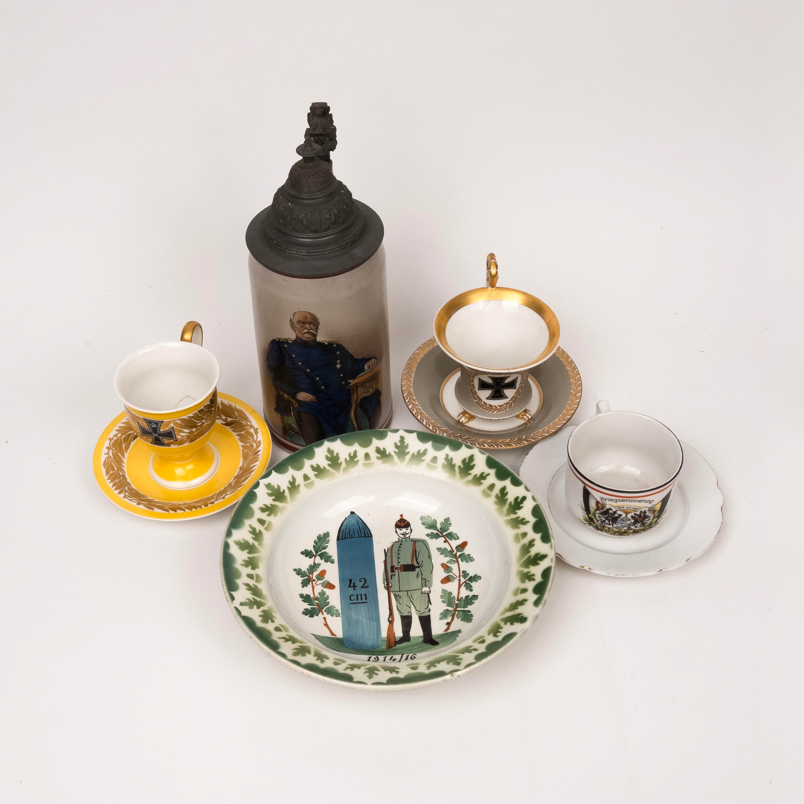 A collection WWI Imperial German items, including beer stein, two matching cups and saucers etc.