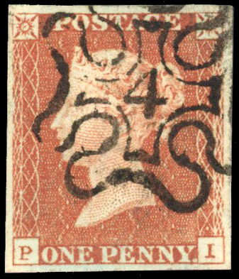 1841 1d red (PI), four good even margins, cancelled