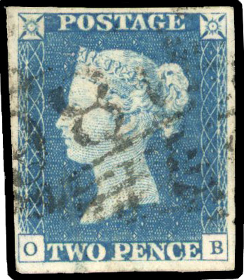 1840 2d Blue Pl.1. (OB) Used good to large four margin example cancelled by a Dublin ‘186’ Irish numeral