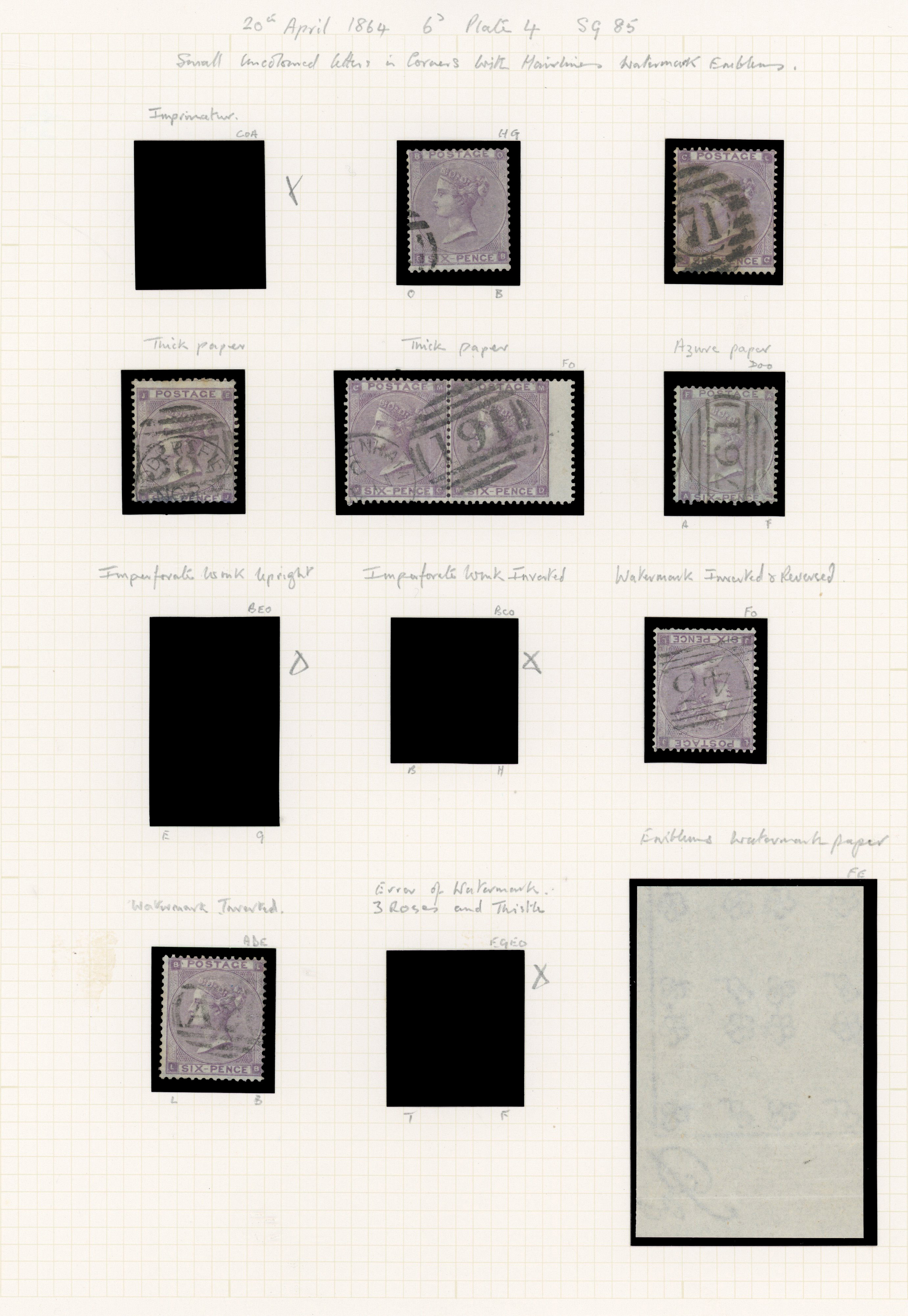 1864 6d Lilac Pl.4 Hairlines (SG85, Wmk. Emblems). Used group of eight 