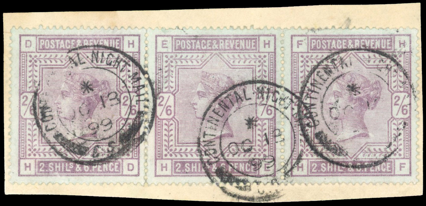 1884 2s6d Lilac on blued paper. Very fine used strip of three tied to small piece