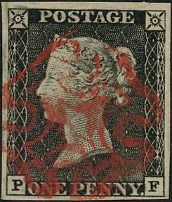 1840 1d black plate 1a (PF), four margins, cancelled with crisp red...